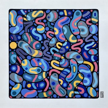 An abstract patterned artwork filled with curving, organic shapes in various shades of blue, pink, and yellow.