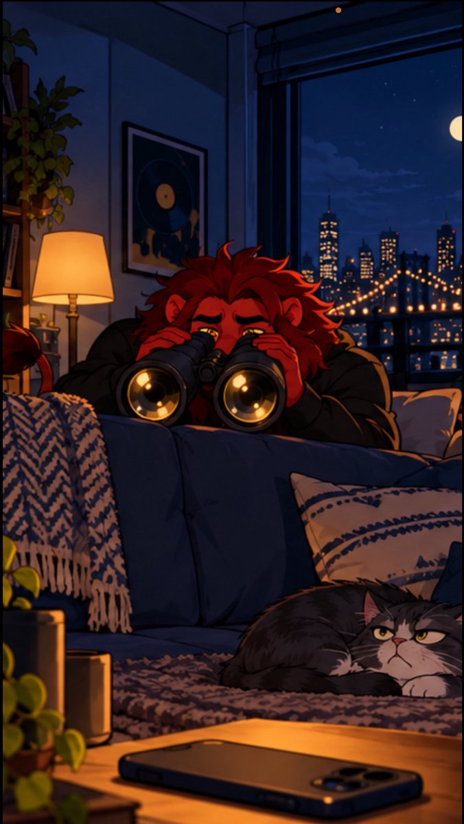 A stylized illustration of a red-furred character peering through binoculars over the back of a blue couch, with a grumpy cat lying on the rug and a nighttime city skyline visible through the window.