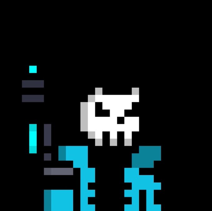 A pixel art illustration on a black background featuring a white skull-like character with teeth and a teal/cyan colored body composed of blocky pixel elements.
