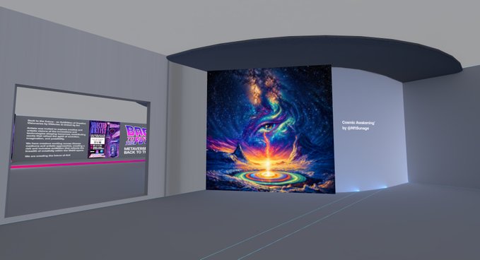 A virtual gallery or museum rendering displaying a cosmic-themed digital artwork titled 'Cosmic Awakening by @RikuKengo' alongside informational panels.