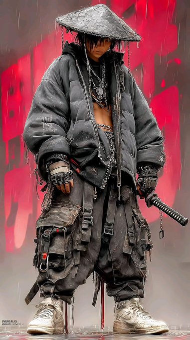 A stylized digital artwork of a character wearing an oversized dark puffer jacket, conical Asian hat, and face covering, with chains and a sword, standing against a vivid red rainy background.
