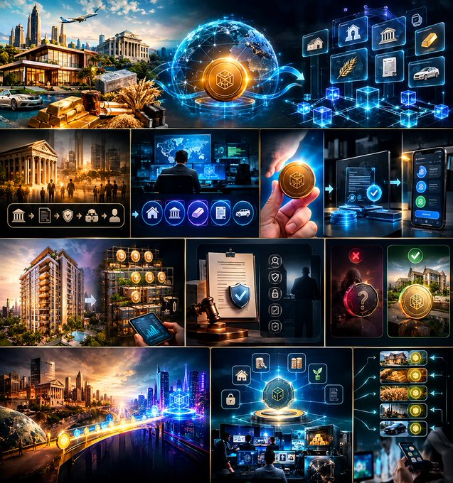 A digital collage featuring various scenes of real estate, blockchain technology, cryptocurrency symbols, smart city imagery, and digital interfaces with security icons.