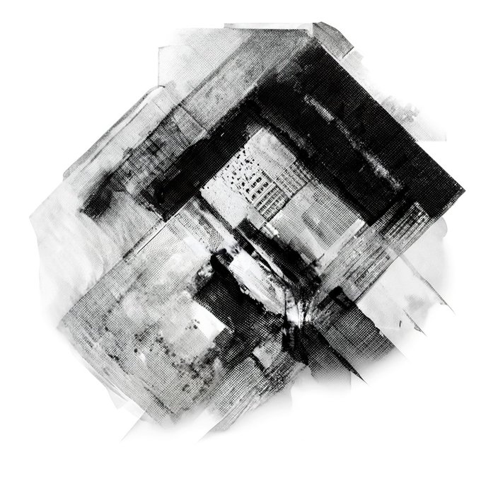 An abstract black and white pixelated/glitch art composition resembling geometric architectural forms or a distorted cube structure.