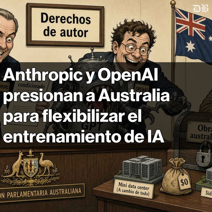 A satirical illustration with Spanish text 'Anthropic y OpenAI presionan a Australia para flexibilizar el entrenamiento de IA' shows caricature figures with a creature, an Australian flag, and a 'Mini data center' labeled '(A cambio de todo)'.