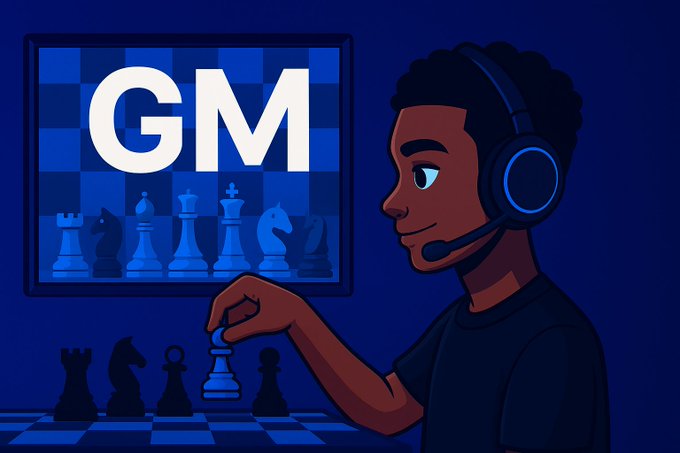 A digital illustration shows a person wearing headphones playing chess, with the letters 'GM' displayed on a board behind them.