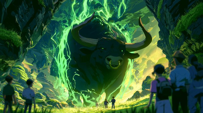 A colossal bull with glowing green, ethereal horns and body emerges through a forest opening before a crowd of onlookers. The imagery echoes the phrase "Belief restored on chain" by visualizing a return of bullish conviction in the crypto market, with the majestic bull symbolizing renewed investor faith and the gathered crowd representing the community witnessing the shift.