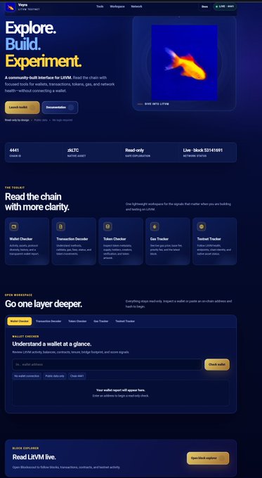 A screenshot of the Vega cryptocurrency explorer website, with the tagline 'Explore. Build. Experiment.' and various features including a wallet checker and block explorer.