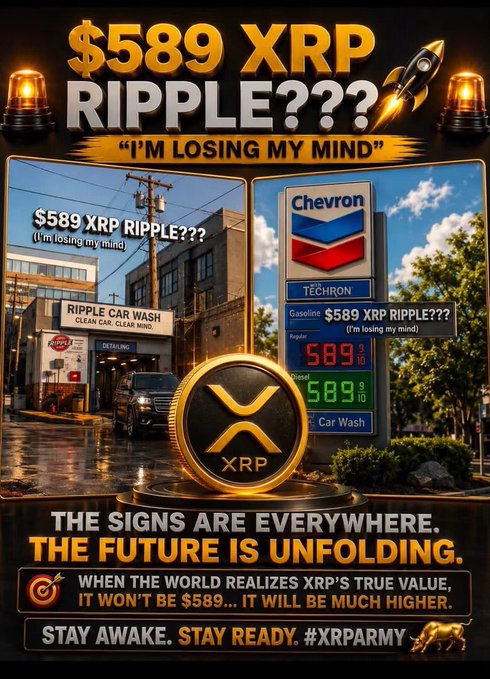 A promotional graphic features a gold XRP coin overlaid on images of a Chevron gas station and car wash displaying "$589 XRP RIPPLE???" on their signs, with bold captions reading "$589 XRP RIPPLE??? I'M LOSING MY MIND" and "THE SIGNS ARE EVERYWHERE. THE FUTURE IS UNFOLDING." The image visually dramatizes the "$589 XRP" price prediction referenced in the post, pairing it with "#XRPARMY" and the message "WHEN THE WORLD REALIZES XRP'S TRUE VALUE, IT WON'T BE $589... IT WILL BE MUCH HIGHER."
