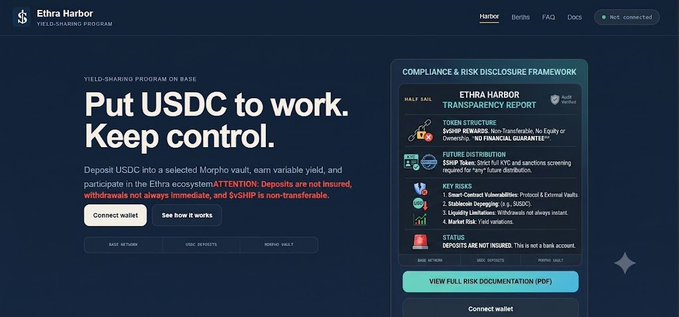 A screenshot of the Ethra Harbor yield-sharing program landing page featuring the headline "Put USDC to work. Keep control." alongside a Compliance & Risk Disclosure Framework panel detailing KYC requirements, token structure (SHP Token/No Token/No Ownership), smart-contract audit status (Halborn), and jurisdictional exclusions, supporting the post's claim that decentralized yield products can be structured with institutional-grade transparency.