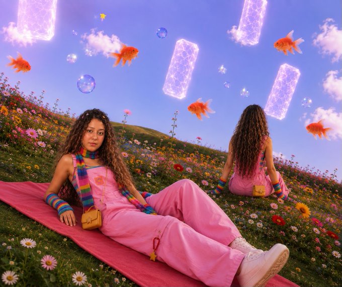 Two young women in colorful pink outfits relax on a flower-covered hillside under a surreal purple sky filled with floating goldfish and glowing crystal-like cylinders.