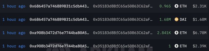 A blockchain transaction log showing four recent transfers (within 1 hour) involving ETH and DAI, including large movements of 1.68M DAI ($1.68M) and ETH swaps worth $2.31K, $0.78M, and $2.39K between similar wallet addresses. This activity likely depicts the attacker's transactions following the ~$8.5M Term Finance governance exploit, where they purchased cheap DAO tokens to seize voting control and drain the protocol's vaults.