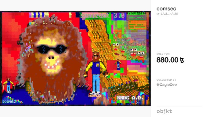 A digital art piece displayed on an NFT marketplace (objkt) showing pixelated, retro-style characters with a large orange bearded figure wearing sunglasses, listed under the collection 'comsec' by @DagjeDee for 880.00 tez.