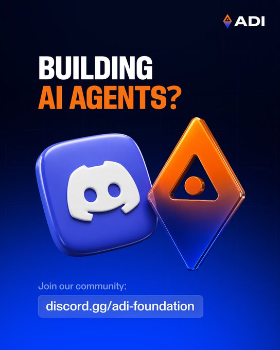 The image is a promotional graphic for ADI Foundation asking "BUILDING AI AGENTS?" and featuring Discord and Ethereum logos, with an invitation to join their community at discord.gg/adi-foundation. The graphic ties into the post's discussion by visually connecting the concept of AI agents (Discord logo) with blockchain/institutional infrastructure (Ethereum logo), illustrating the intersection of AI autonomy and decentralized verification systems that ADI appears to be building to address the institutional prerequisites mentioned.