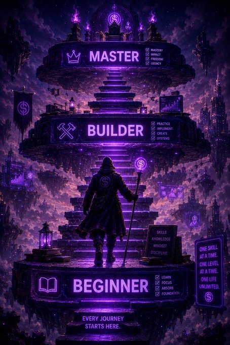 A purple-themed digital illustration showing a hooded figure ascending a staircase labeled with three tiers: 'BEGINNER' at the bottom, 'BUILDER' in the middle, and 'MASTER' at the top, with text 'EVERY JOURNEY STARTS HERE'.