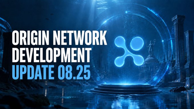 The image is a promotional graphic featuring the Ripple (XRP) logo alongside the text "ORIGIN NETWORK DEVELOPMENT UPDATE 08.25," set against a futuristic, underwater-themed backdrop with ancient Greek-style architecture illuminated in blue light. The accompanying post describes Origin Network's recent development progress, and the image visually ties this update to the Ripple ecosystem, likely highlighting a connection or integration with XRP technology.