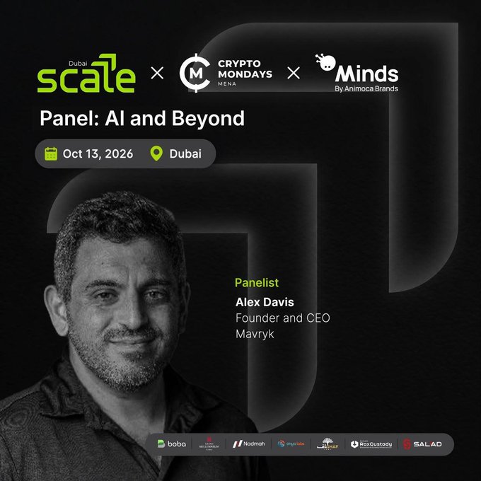 A promotional graphic for the 'Panel: AI and Beyond' event on Oct 13, 2026, in Dubai, featuring panelist Alex Davis, Founder and CEO of Mavryk, alongside logos for Dubai Scale, Crypto Mondays MENA, and Minds.