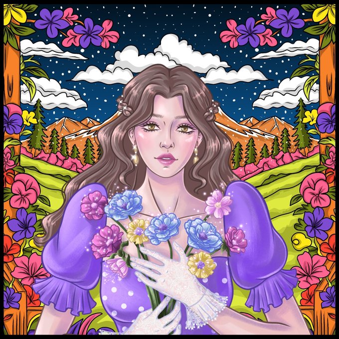 A digital illustration of a woman with long brown hair in a purple dress holding colorful flowers, set against a decorative background with mountains and a starry sky.