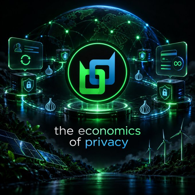 A digital illustration featuring a glowing green and blue logo surrounded by icons of locks, shields, and screens, set against a dark globe. The text "the economics of privacy" appears below, with solar panels and wind turbines in the foreground.