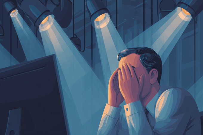 A man in a dress shirt sits at a computer monitor, covering his face with both hands as multiple bright spotlights shine down on him from above, creating an intense, exposed atmosphere. The illustration visually reinforces the post's message about Web3 privacy—suggesting that unlike this figure under harsh illumination, true digital privacy means having control over when to reveal yourself rather than being constantly exposed.