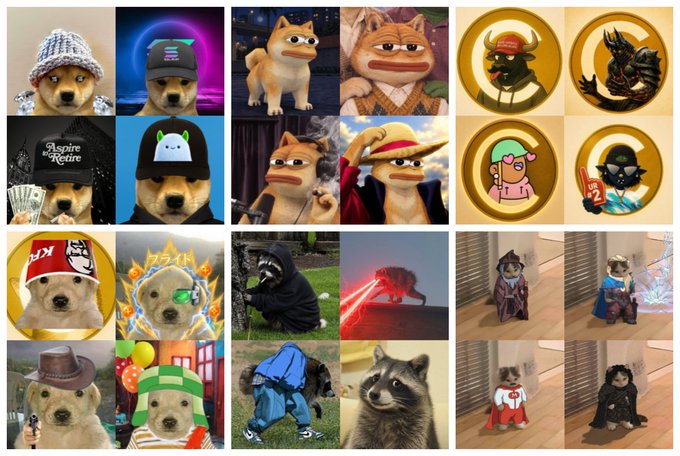 A collage of Shiba Inu and other dog memes dressed in costumes—including “A aspire to inspire,” “TRUMP,” anime, gaming, and medieval outfits—appears alongside stylized coin icons. It illustrates the post’s message about memecoins whose community forms around their PFP (profile picture) images.