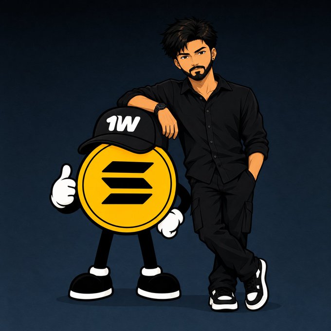 An illustration of a man with dark hair and a beard, dressed in black, leaning casually next to a coin mascot wearing a cap labeled '1W' and giving a thumbs-up.