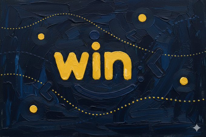 A textured digital artwork featuring the word 'win' in large yellow letters against a dark blue background with yellow dots and dotted lines.