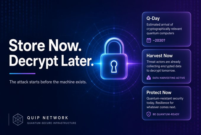 A QUIP Network advertisement promoting quantum-secure infrastructure with the slogan 'Store Now. Decrypt Later.' and information about Q-Day, Harvest Now, and Protect Now threats.