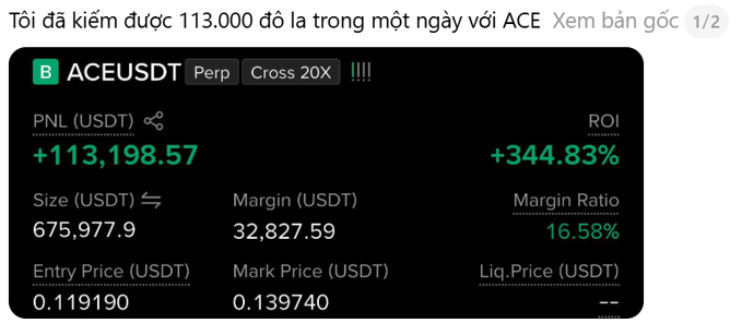 A crypto trading profit screenshot in Vietnamese showing '$113,000 earned in a day with ACE' via ACE/USDT perpetual cross 20x position with a +344.83% ROI.