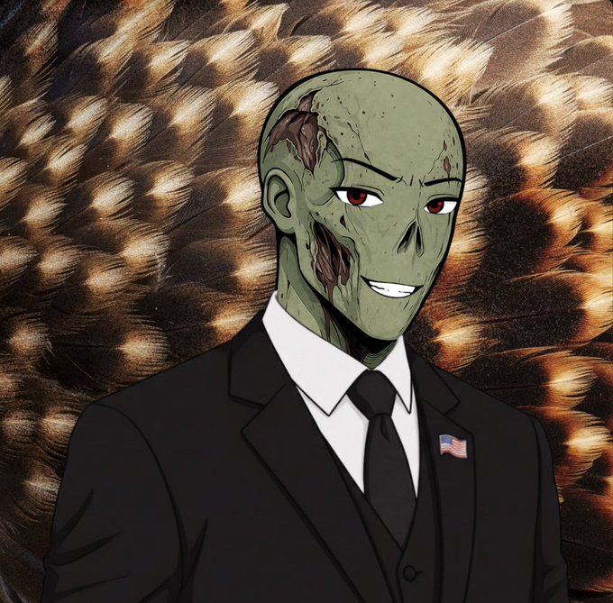An anime-style illustration of a green-skinned, bald humanoid figure in a black suit with a US flag lapel pin, smiling against a textured brown background.
