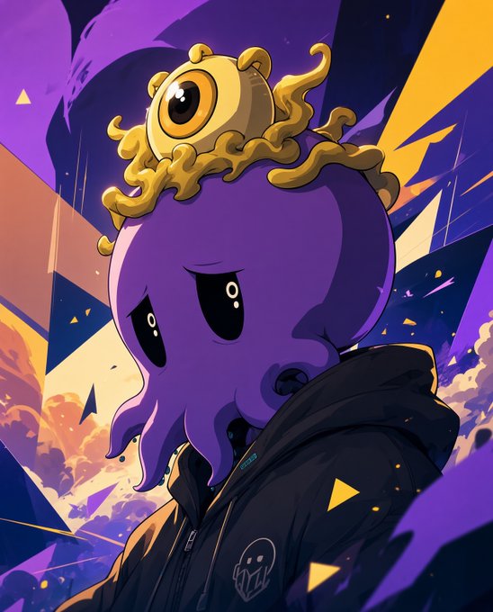 An anime-style illustration of a purple octopus-like creature wearing a black hoodie, with a single large eye on a yellow stem on top of its head, set against a dynamic purple and orange geometric background.
