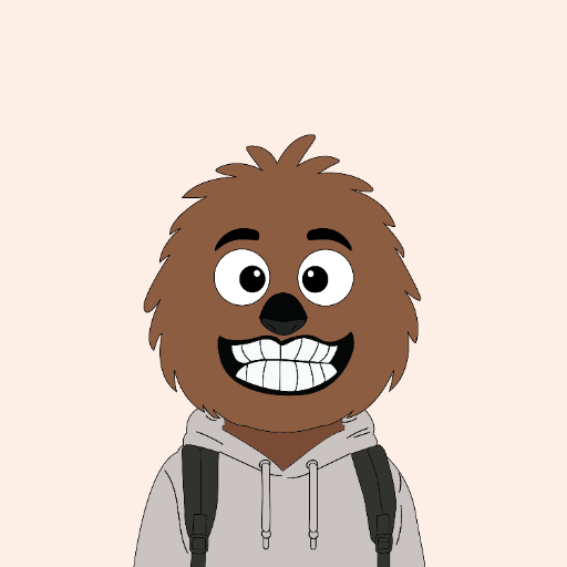 A cartoon illustration of a brown furry character with big eyes, a wide toothy grin, wearing a gray hoodie and a black backpack.