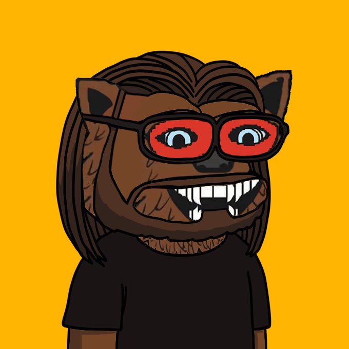 A cartoon illustration of a brown werewolf-like character with long hair, wearing a black t-shirt and red-framed glasses, baring its fangs against a solid yellow background.