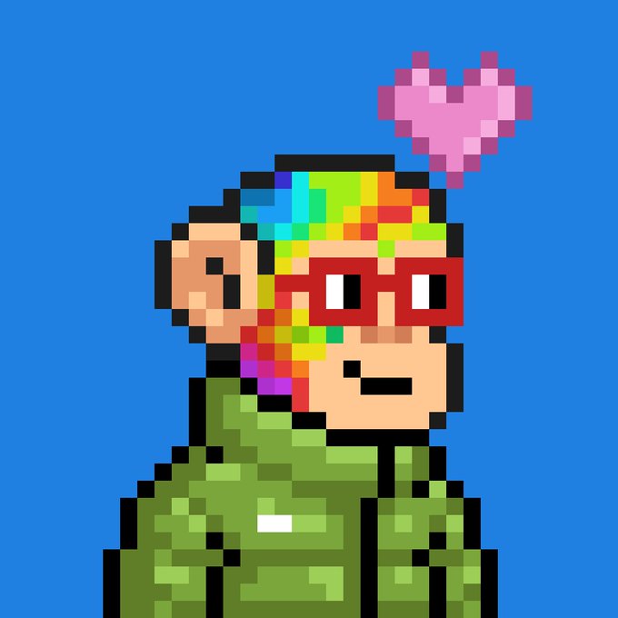 Pixel art of a character with rainbow hair, red glasses, green hoodie, and a pink heart floating above their head against a blue background.