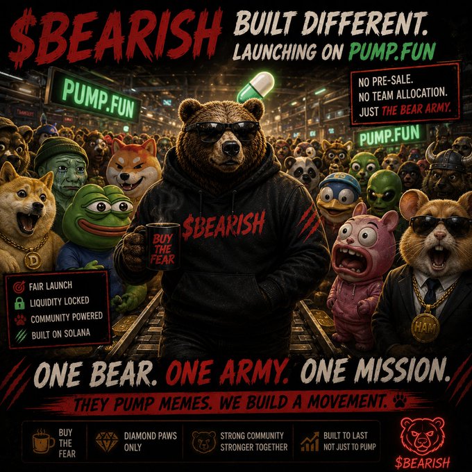 A promotional image for '$BEARISH' cryptocurrency launching on PUMP.FUN, showing a central bear in sunglasses and hoodie holding a 'BUY THE FEAR' mug, surrounded by meme characters including Doge, Pepe, and Shiba Inu.
