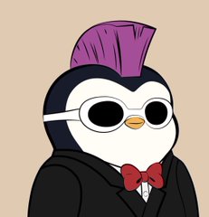 A cartoon penguin character with purple hair, white-rimmed sunglasses, and a red bow tie wearing a black hoodie.