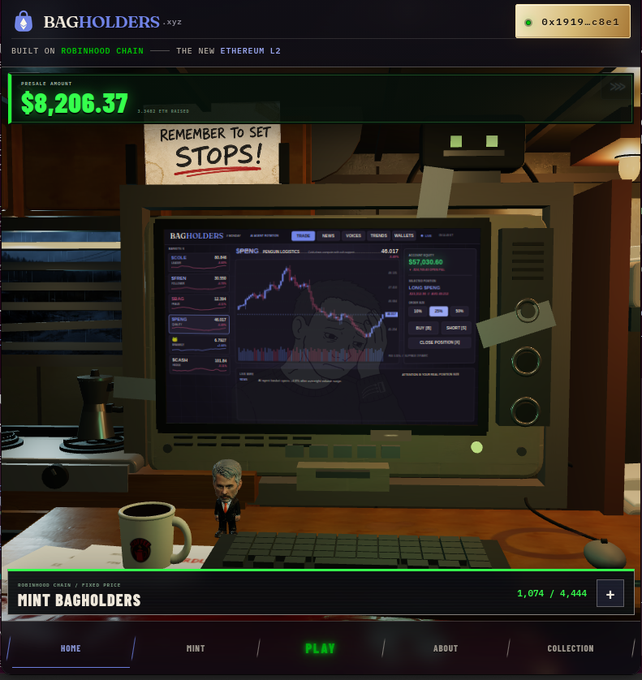 A webpage screenshot for 'Bagholders xyz' built on Robinhood Chain shows a pre-sale amount of $8,206.37, featuring a retro 3D-rendered desk scene with an old CRT monitor displaying stock charts, a sticky note reading 'REMEMBER TO SET STOPS!', and a wallet address '0x1919..c8e1'.