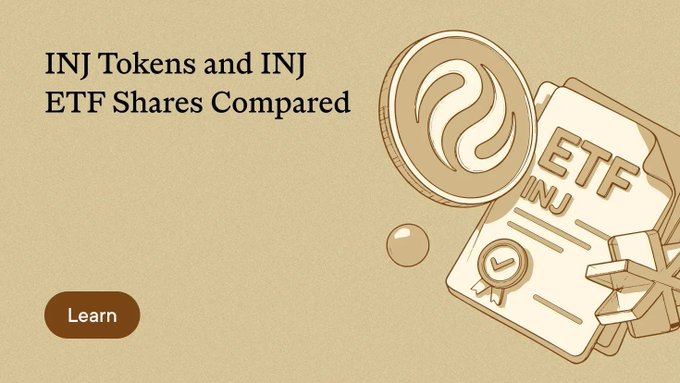 An advertisement graphic titled 'INJ Tokens and INJ ETF Shares Compared' features an illustration of an INJ cryptocurrency coin and an ETF certificate with a 'Learn' button.
