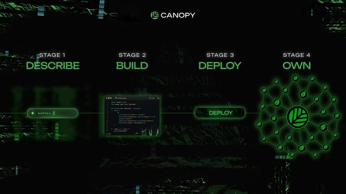 A presentation slide for Canopy shows a four-stage process: Stage 1 DESCRIBE, Stage 2 BUILD, Stage 3 DEPLOY, and Stage 4 OWN, with visual elements like code snippets, a deploy button, and a green network diagram on a dark background.