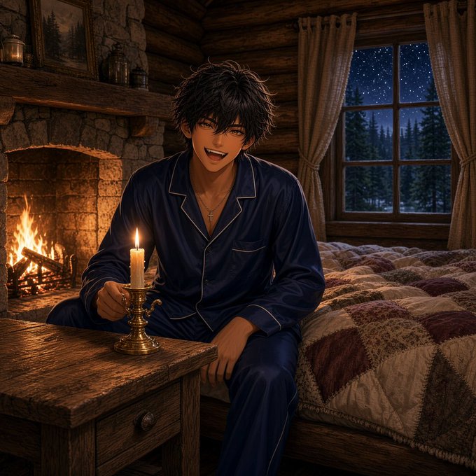 An anime-style illustration depicts a young man with messy dark hair and a bright smile, wearing navy blue silk pajamas and a cross necklace, sitting on a patchwork quilted bed while holding a lit candle in an ornate golden holder on a wooden nightstand, with a stone fireplace burning to his left and a starry night sky visible through a curtained window behind him.