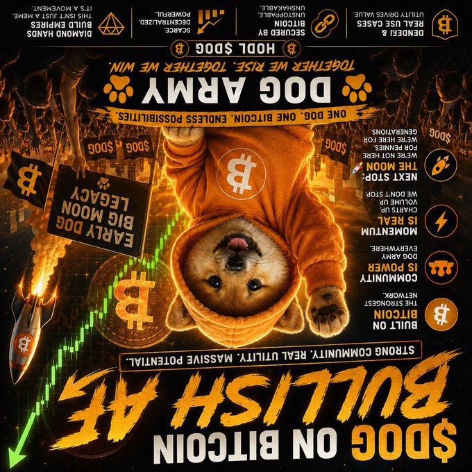 A vibrant promotional poster featuring a dog wearing an orange Bitcoin-themed hoodie, with text reading "DOG ON BITCOIN BULLISH AF," "DOG ARMY," "$DOG," and various crypto-related slogans like "BIG MOON EARLY DOG LEGACY" and "UTILITY DRIVES VALUE."