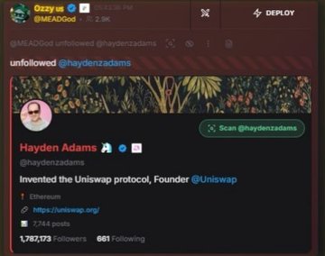 A tweet from @Ozzy_us (@MEAD0od) reports that @MEAD0od unfollowed Hayden Adams (@haydenztdams), the founder of Uniswap, whose account shows 1,782,173 followers. The image relates to the post by suggesting the author has grown frustrated with the Uniswap ecosystem for allegedly ignoring community support in favor of other projects like $pons.
