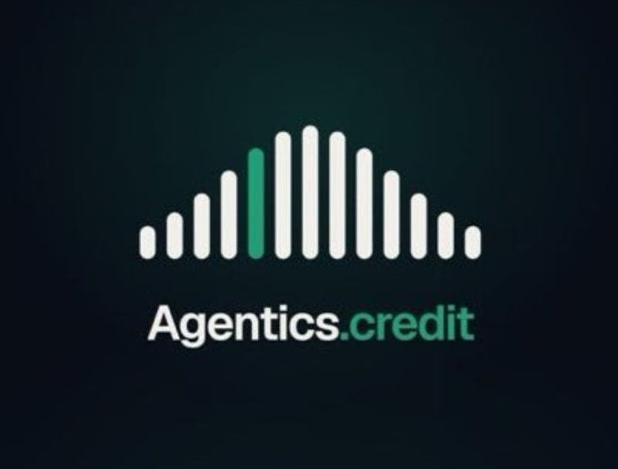 A dark green logo featuring vertical bars resembling a sound wave or equalizer sits above the text 'Agentics.credit' in white and green lettering.