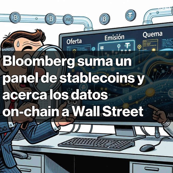 A cartoon of a man with a magnifying glass examining a computer screen displaying crypto terms like 'Oferta', 'Emisión', and 'Quema', with text 'Bloomberg suma un panel de stablecoins y acerca los datos on-chain a Wall Street'.