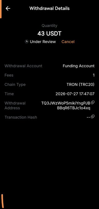 A mobile screenshot displays a "Withdrawal Details" page showing 43 USDT under review, sent via TRON (TRC20) to address TQ3JWzWoP5mikYngPJBBqR6TBJc1o4xq, dated 2026-07-27 17:47:07. The image serves as proof of transparency for the Turkish giveaway post, where the creator announces rewards have been sent to 3 winners and promises more giveaways to follow.