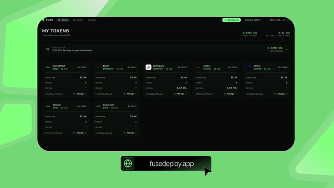 A screenshot of a dashboard titled "MY TOKENS" on fuse showing various tokens including Coin $MBX, $CUP, Dumpling, Zantor, Zavor, KAiCoin, and Sican Coin, with a URL link "fusedeploy.app" at the bottom.