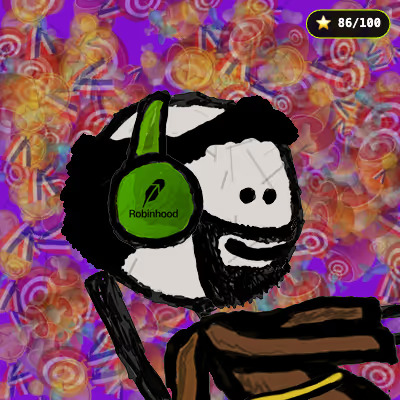 A crudely drawn character wearing green Robinhood headphones is depicted against a colorful candy-patterned background, with a "86/100" rating displayed.