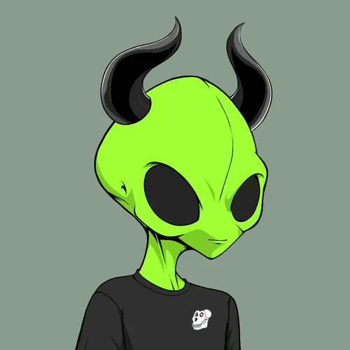 A digital illustration of a green alien with black horns, wearing a black t-shirt featuring a small skull logo.