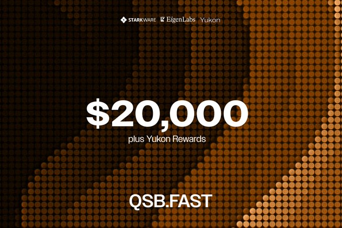 A dark orange textured advertisement from StarkWare, EigenLabs, and Yukon offering a $20,000 prize plus Yukon Rewards for QSB.FAST.