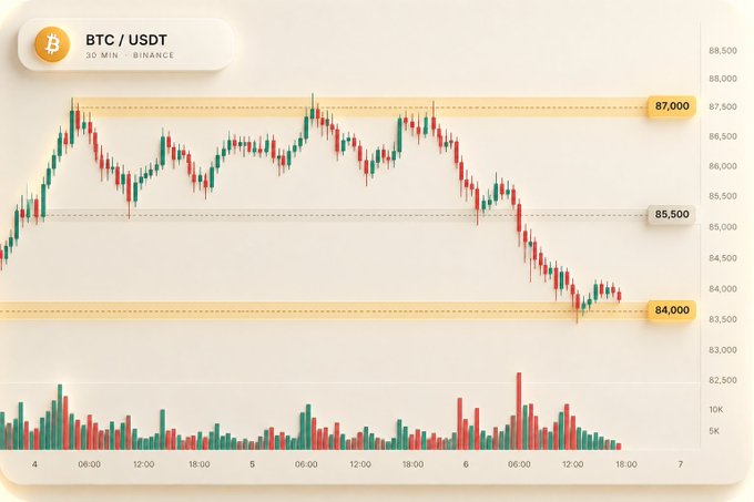 A candlestick chart showing the BTC/USDT trading pair on Binance over a 30-minute timeframe, with price levels marked at 87,000, 85,500, and 84,000.