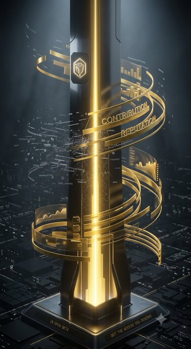 A futuristic golden tower/monument with glowing helical rings labeled 'CONTRIBUTION' and 'REPUTATION', set against a dark cityscape with the text 'GET THE ACCESS YOU DESERVE'.